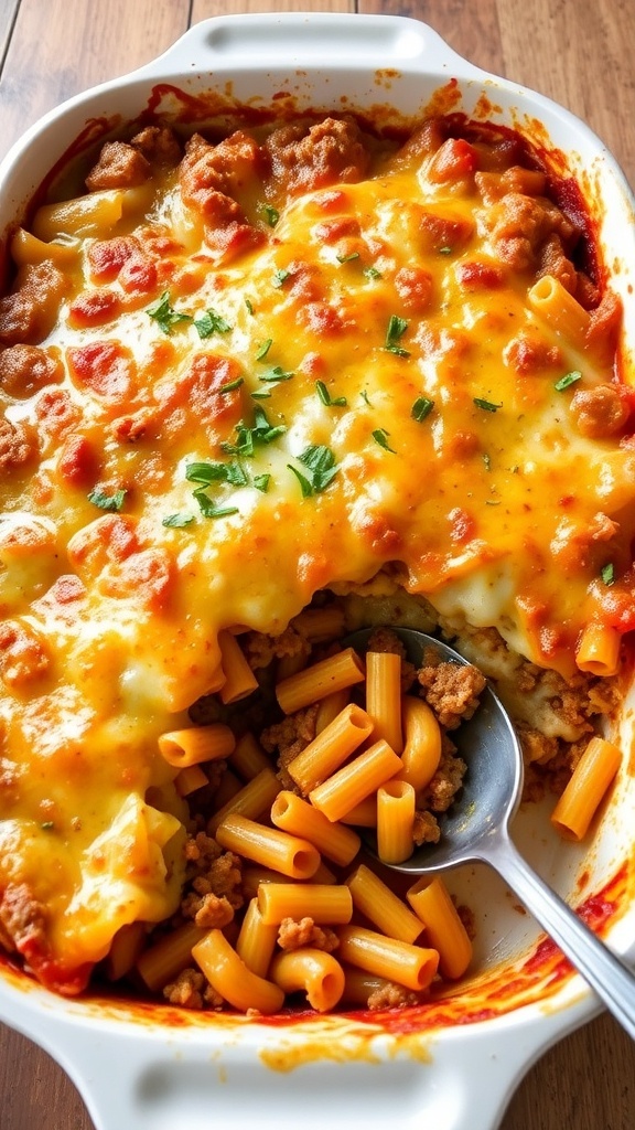 A hearty baked casserole with pasta, meat, and cheese, garnished with herbs on a wooden table.